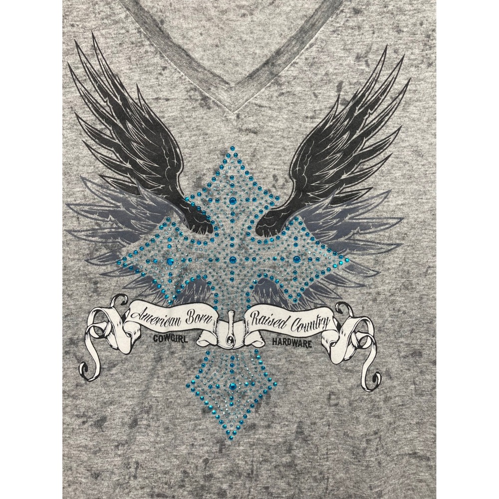 Cowgirl Hardware Gray Burnout Western Top | Turquoise Cross Wings | XL - Picture 3 of 9